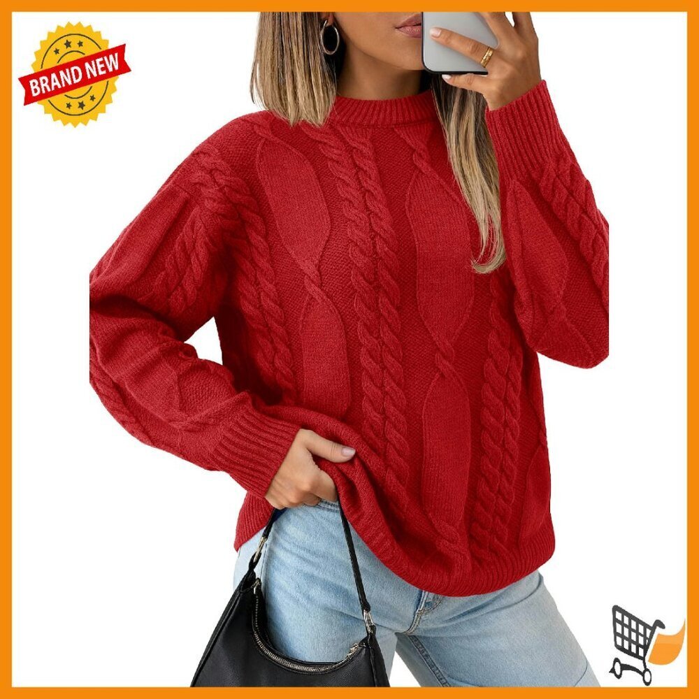 Oversized Cable Knit Sweater Long Sleeve Crewneck Winter Pullover